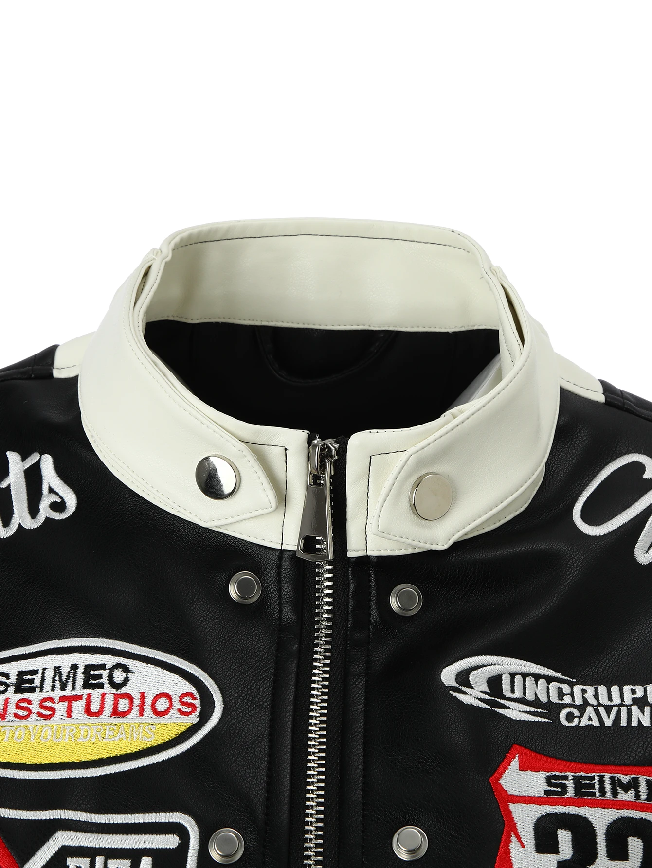 ผู้หญิงสีแดงและสีขาว Colorblock PU Biker Jacket,ขาตั้งซิปด้านหน้า,ตกแต่งเย็บปักถักร้อย,เรขาคณิตกลับ,ฤดูใบไม้ผลิฤดูใบไม้ร่วงOuterwear