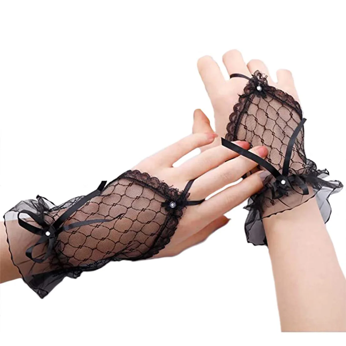 Guantes de encaje con diamantes de imitación para mujer, malla transparente, sin dedos, para damas de honor, banquetes, bodas, fiestas de té, funerales