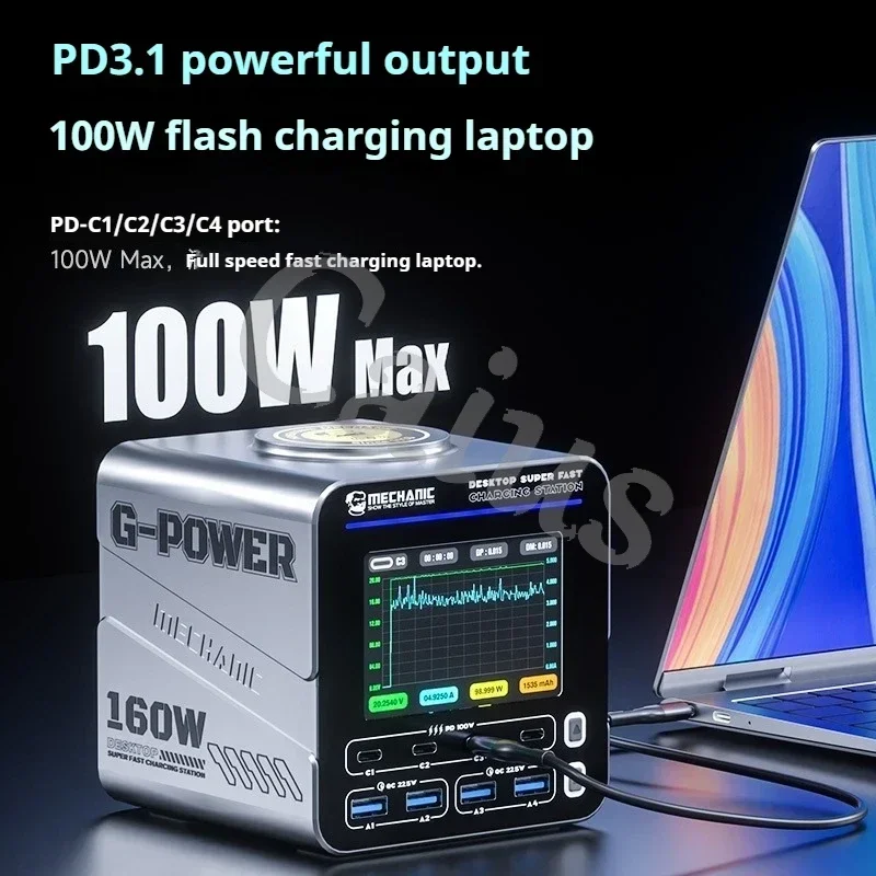 MECHANIC G-POWER 窒化ガリウムデスクトップ超高速充電ステーション 100W PD プロトコル、22.5W QC3.0、15W 磁気高速充電