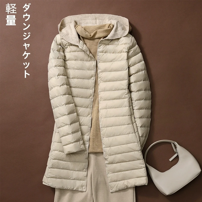 Otoño Invierno Chaqueta larga de punto con capucha de retales para mujer abrigo de plumón de pato blanco fino ultraligero Parkas acolchadas cálidas para mujer