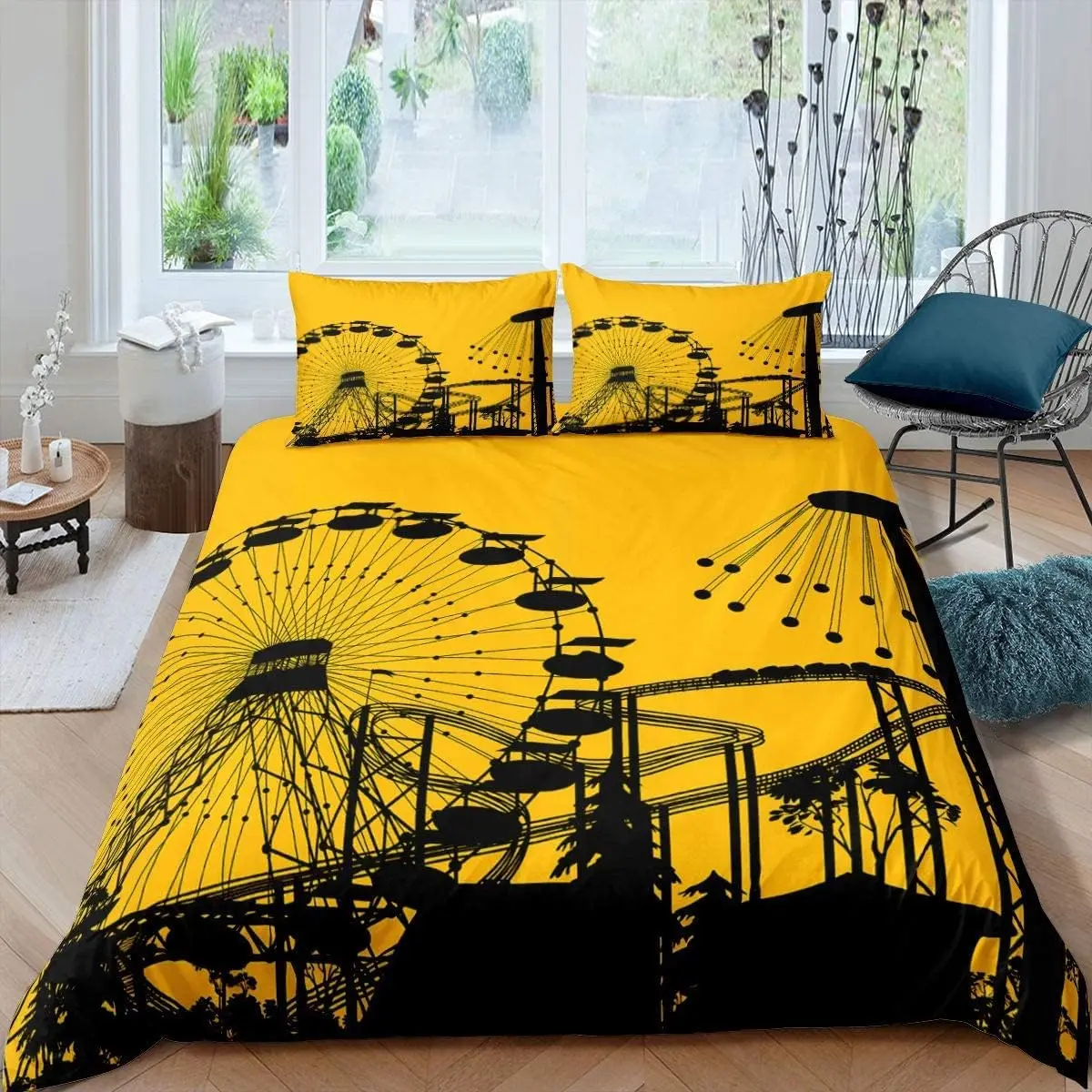 Kids Ferris Wheel Duvet Cover Set Amusement Park Bedding Set with Pillowcases Cartoon Roller Coaster Golden Single Size