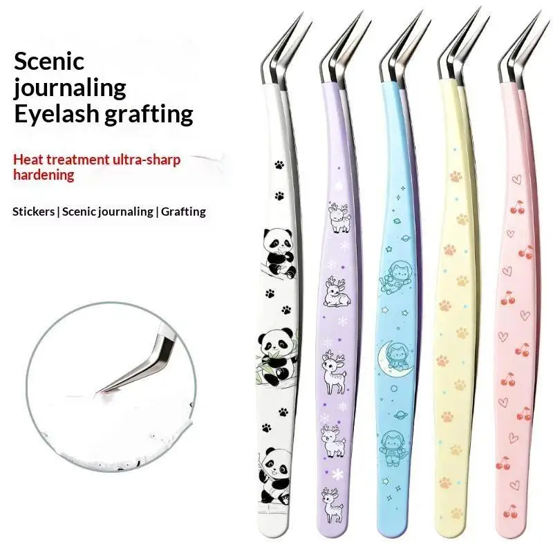 1pc Stainless Steel Curved Stickers Tweezers Anti-static High Precision Hand Account Craft Tweezers Cartoon Style