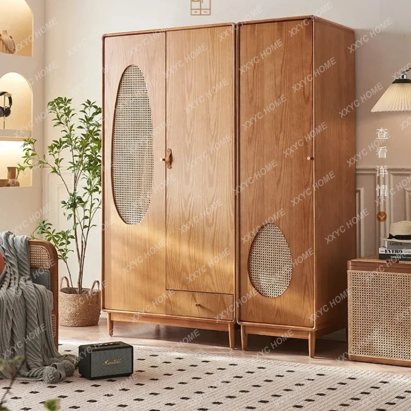 XX New Chinese Rattan Solid Wood Wardrobe Combination Large Capacity Partition Three-door Wardrobe Multi-functional Bedroom Sto