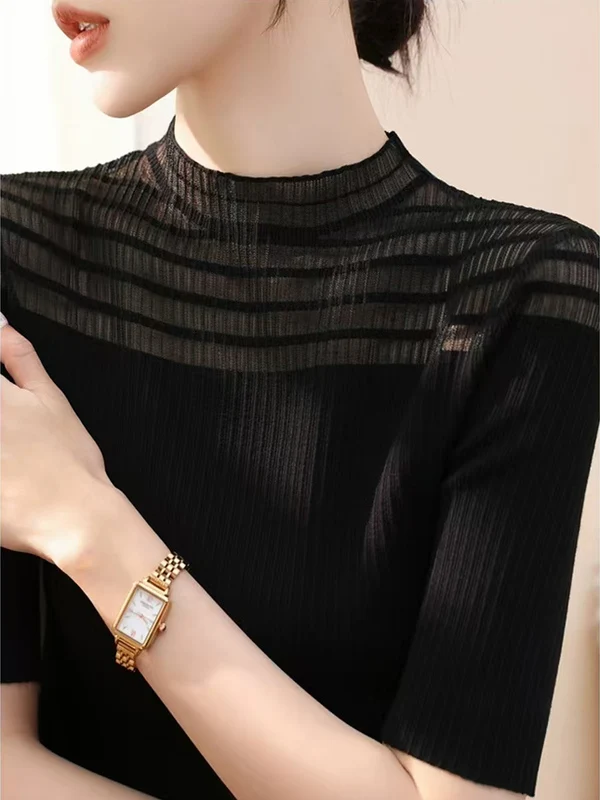 

Summer New Bla Ice Silk Silk Thin ort T-irt f High Collar Me Pure Color Slim Fit Casual Loose Sle Top