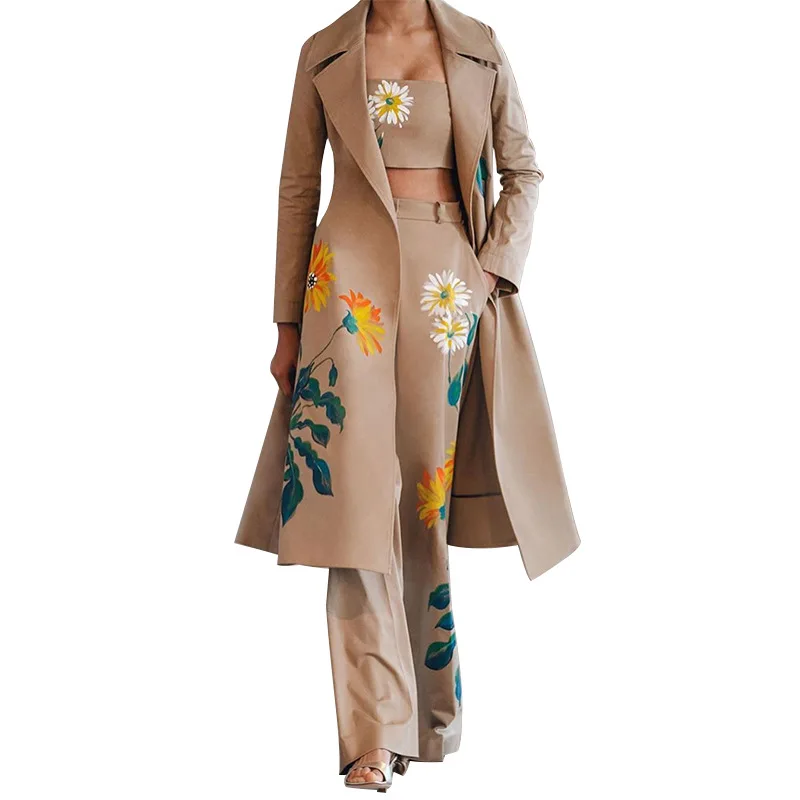 Long Trench Coat Women Sets Female Autumn Temperament Print Flower Windbreaker Wide Leg Pant Suit Three Piece Set Office Lady