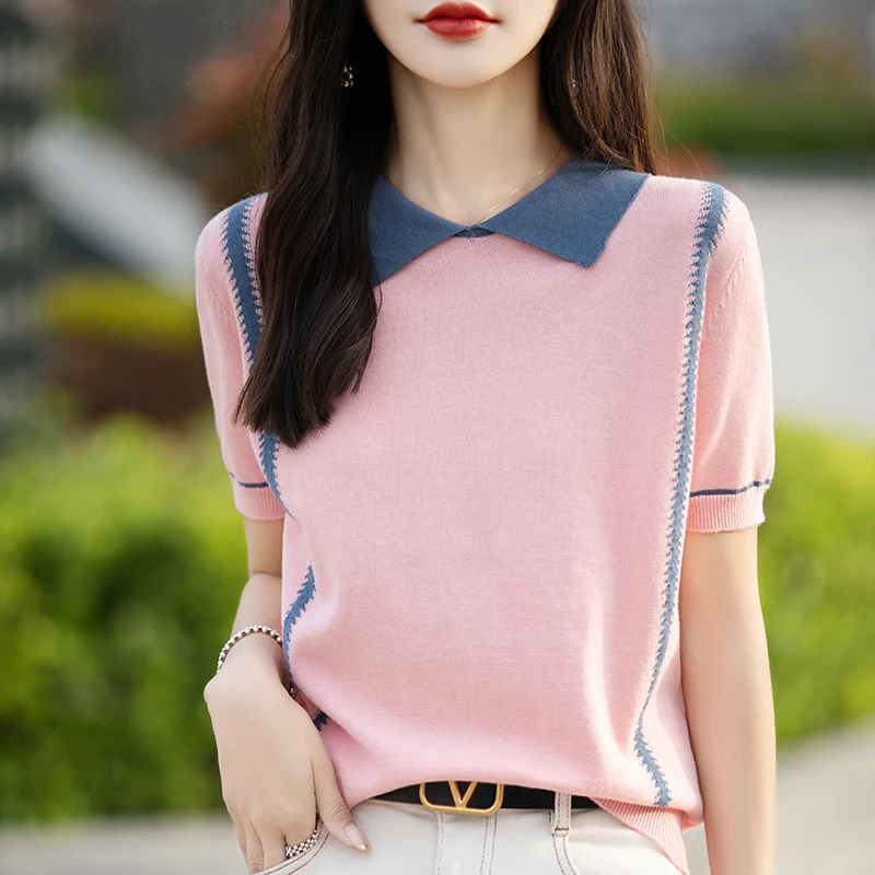 Women\'s T-shirt 100% Cotton Sweater Short Sleeve Fashion Turn-down Collar Ladies Tops Loose Blouse Spliced Pullover Tees