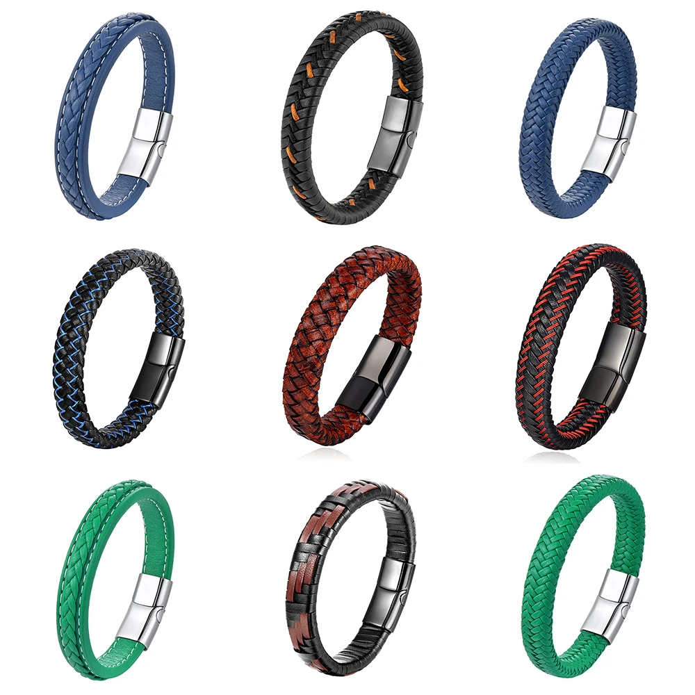 

Retro Style Stainless Steel Unisex Genuine Woven Leather Bracelet Single Layer Multi Color for Gift