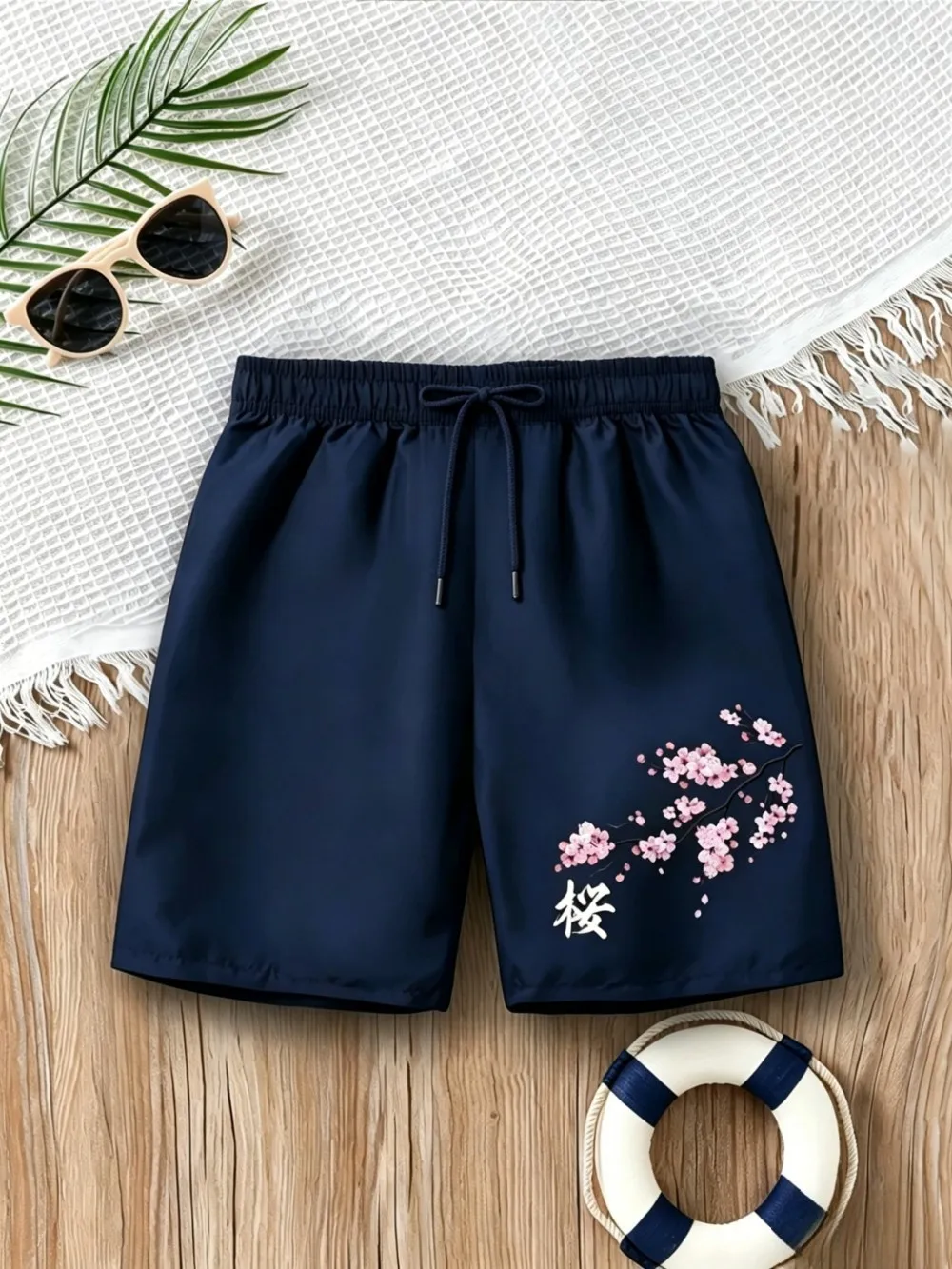 Amerikanische Herren-Sommer-Shorts mit personalisiertem Buchstaben- und Kirschblüten-Print, bequem, atmungsaktiv, mit Kordelzug, für Outdoor und Freizeit – Detail 8