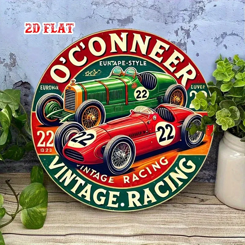 2D Flat, Racing Round - O'Conneer Metal Tin Wall Art, European Style Rustic Decor with Green & Red Racing Cars,for Home, Garage