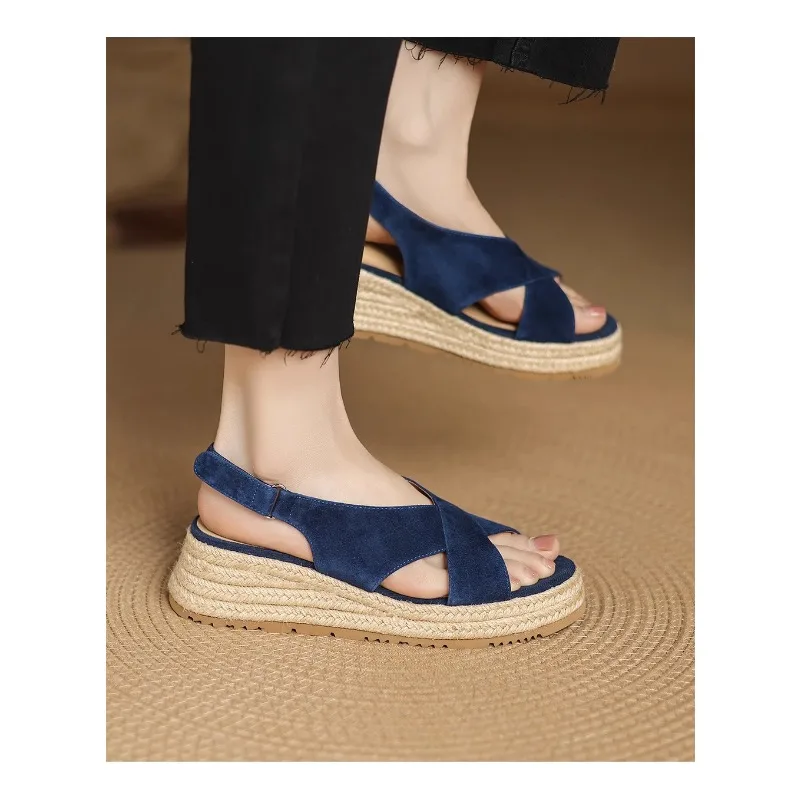 Cross Strap Roman Sandals Women's Summer Wear Heightened Platform Platform Shoes Frosted Straw Fisherman's Shoes - view 3