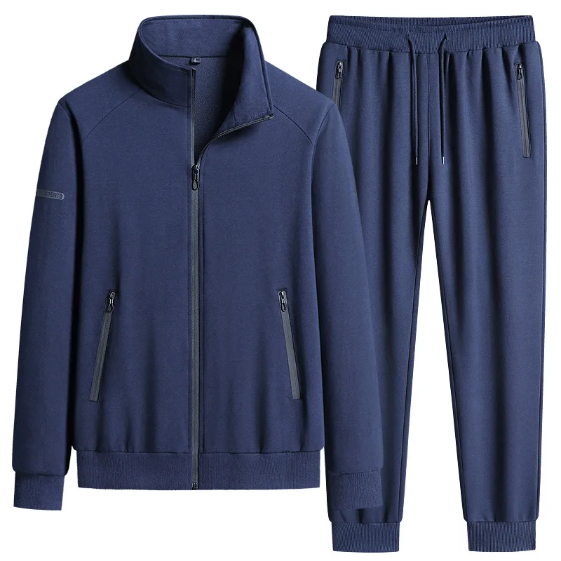 2PCS pure cotton sportswear, men's plus-size loose casual suit, stand-up collar cardigan, hoodie, tight-fitting pants M-5XL