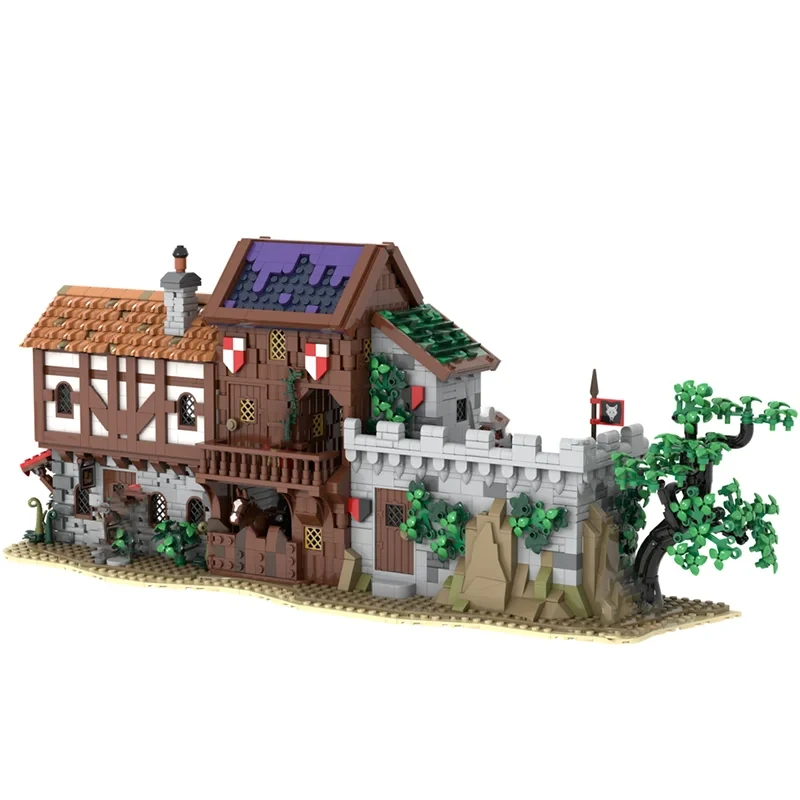 Moc medievale edificio di strada taverna casa in legno modello stabile assemblaggio fai da te giocattoli da costruzione regalo di compleanno per bambini