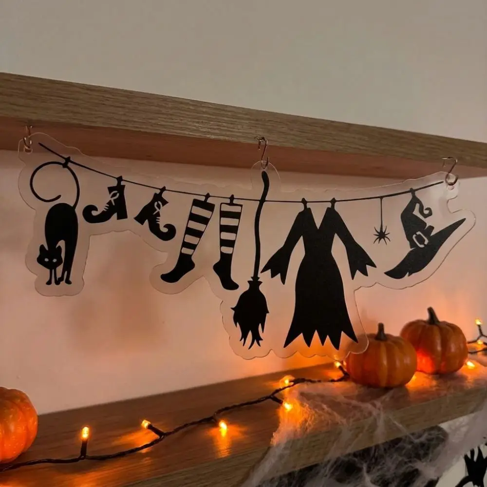 Acrylic Halloween Witch Hat Wall Art Spooky Witch Broom Halloween Wall Hanging Minimal Funny Witch Cloak Hat Party Bunting