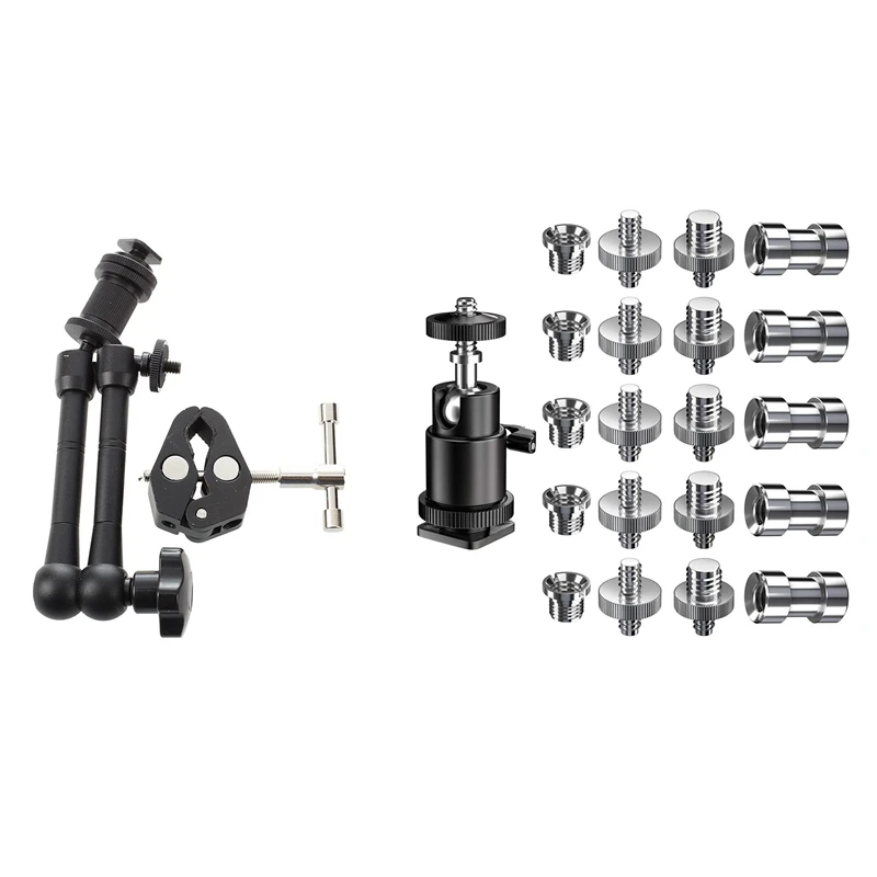 2Set Parts: 1Set 11 Inch Friction Articulating Magic Arm & 1Set Camera Screw, 21 Pcs 1/4 Inch 3/8 Inch Converter Screws