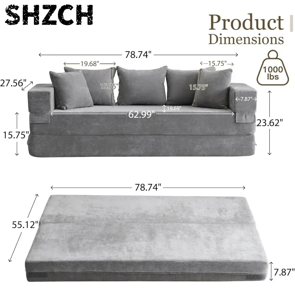 Queen Size 4-in-1 Convertible Sofa Bed - Chenille Fold out Sleeper Couch with Armrest And Pillows - Floor Chaise Lounge