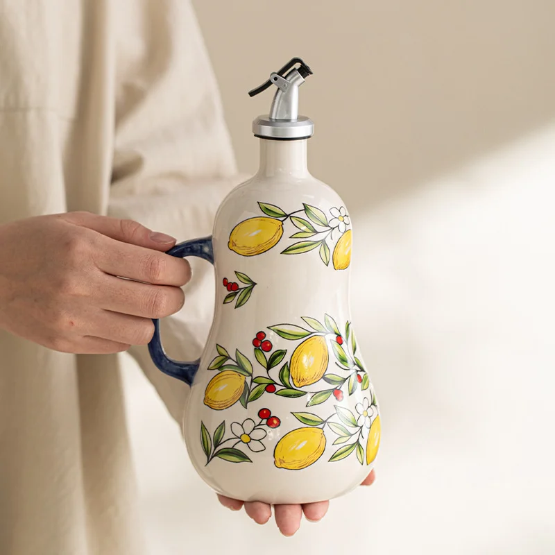 Hand Painted Ceramic Oil Vinegar Bottle Lemon Olive Pattern Leak Proof No Drip With Handle Kitchen Olive Oil Soy Sauce Dispenser view 4
