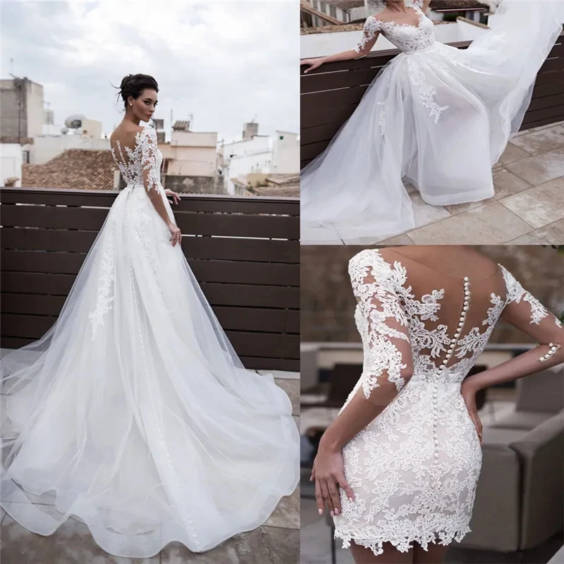 

2 In 1 Wedding Dress Sheath Short Lace Bridal Gown with Detachable Skirt Boho Garden Robe De Mariee Customized