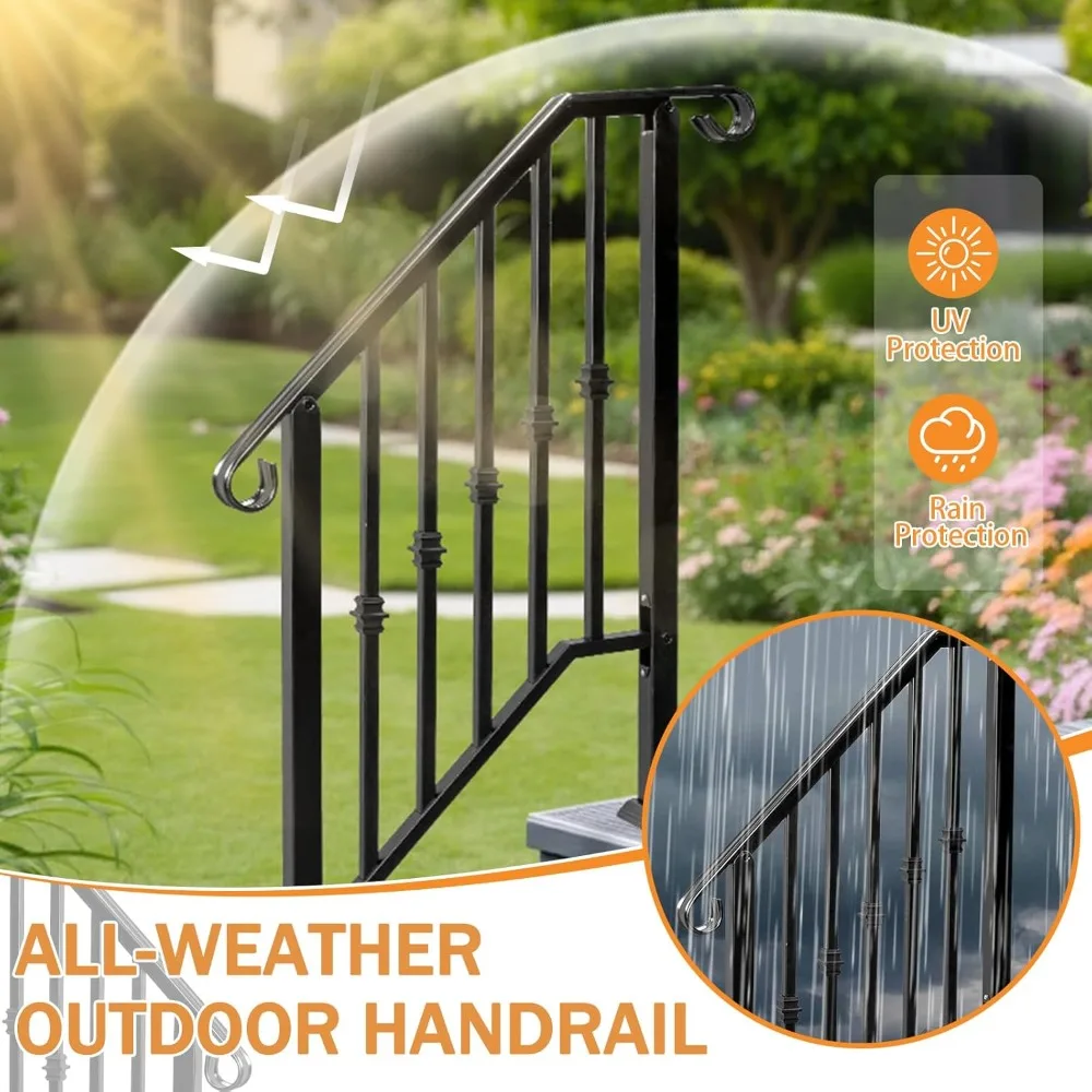 2 Pack 3 Step Handrails for Outdoor Steps,Wrought Iron Stair Railing,Metal Hand Railing with Installation Kit,Staircase Handrail