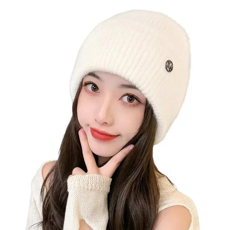 Knitted Hat with Thick Velvet for Women, Warm and Versatile, Big Head Circumference, Head Cover, Ear Protection, Cold Hat