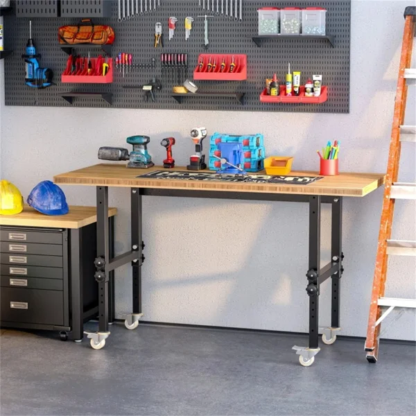 

ZK30 59" Garage Work Bench with Wheels, Height Adjustable Legs, Bamboo Tabletop Workstation Tool Table