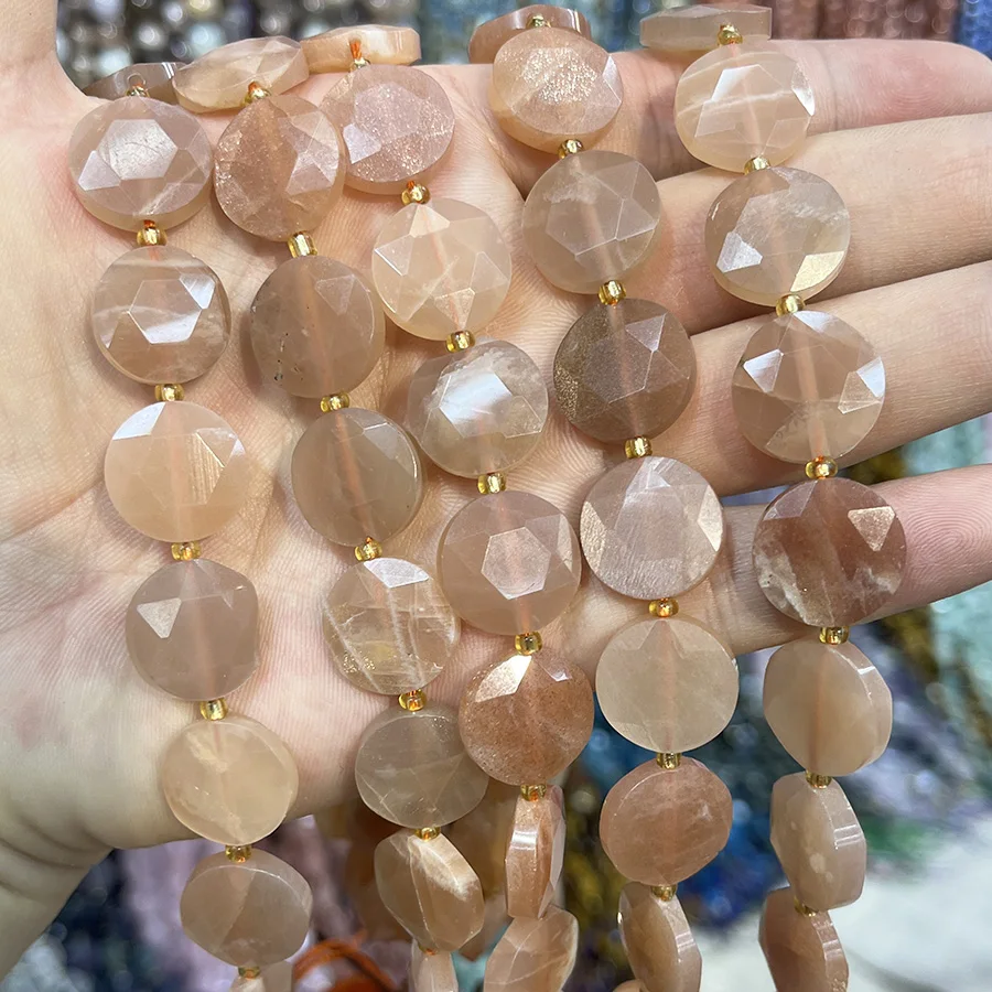 

Natural Stone Sunstone Round Cake Shape Faceted Bead Loose Beads For DIY Handmade Bracelet Necklace Accessories 15'15mm