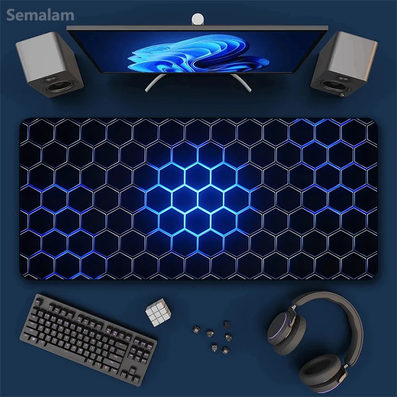

Large Blue Honeycomb Gaming Mouse Pad Diamond Art Desk Mat Non-slip Rubber Base Stitched Edge Keyboard Pads PC for Office Decor
