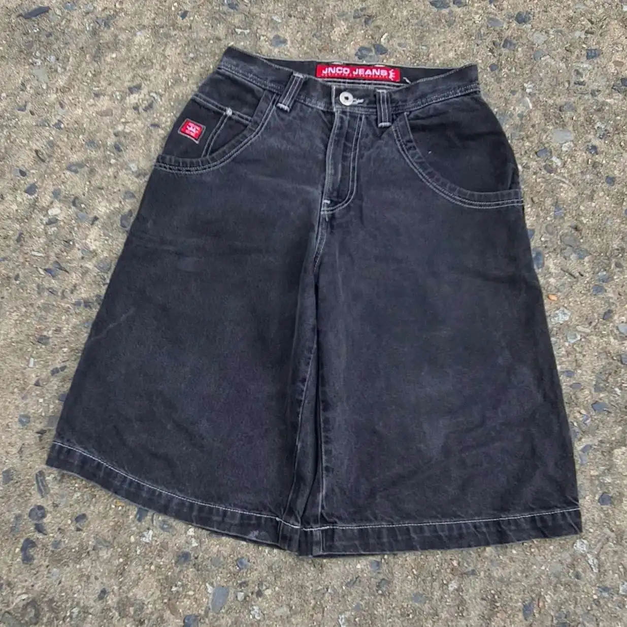 شورت جينز فضفاض من JNCO للرجال والنساء ، بنطال رياضي Y2K ، نمط عضة الثعبان ، الهيب هوب ، ملابس الشارع hajatco ، شورت كرة السلة ، عتيق