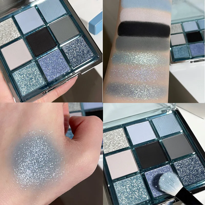 Paleta de sombras vitrificadas esfumaçadas de 9 cores, destaque e contorno, paleta multifuncional, azul fosco, paleta de pigmentos de cores terrosas