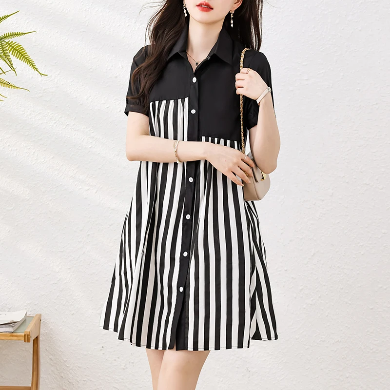 #7986 Summer Vertrical Striped Shirt Dress Women Split Joint Mini Dress Puff Short Sleeve Sexy A-line Buttons Front Shirt Dress 