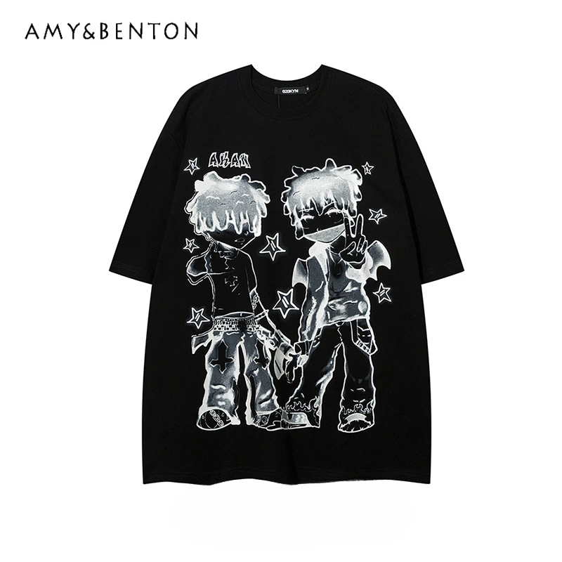 Original American Retro Cartoon Printed Tops Ins Hip Hop Short Sleeve Oversized T Shirt Goth Y2k Top Harajuku Graphic T Shirts