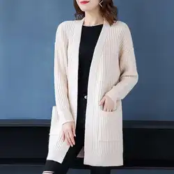New Knitted Shirt Casual Long Sleeve Loose Medium Length Outwear Sweater Coat Women Fashion Autumn Knitwears Cardigan Mujer