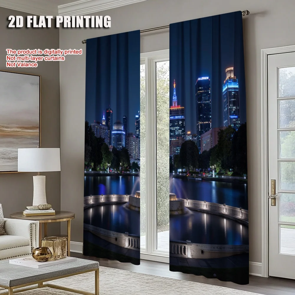 City Skyline Curtain, Night View Window Drape, Urban Landscape Blackout Panel, Living Room Bedroom Modern Home Decor