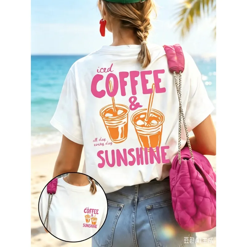 2026 Summer New Iced Coffee & Sunshine Graphic Print Cotton T-shirt For Women Short Sleeve Tees Casual Oversized Unisex Tops