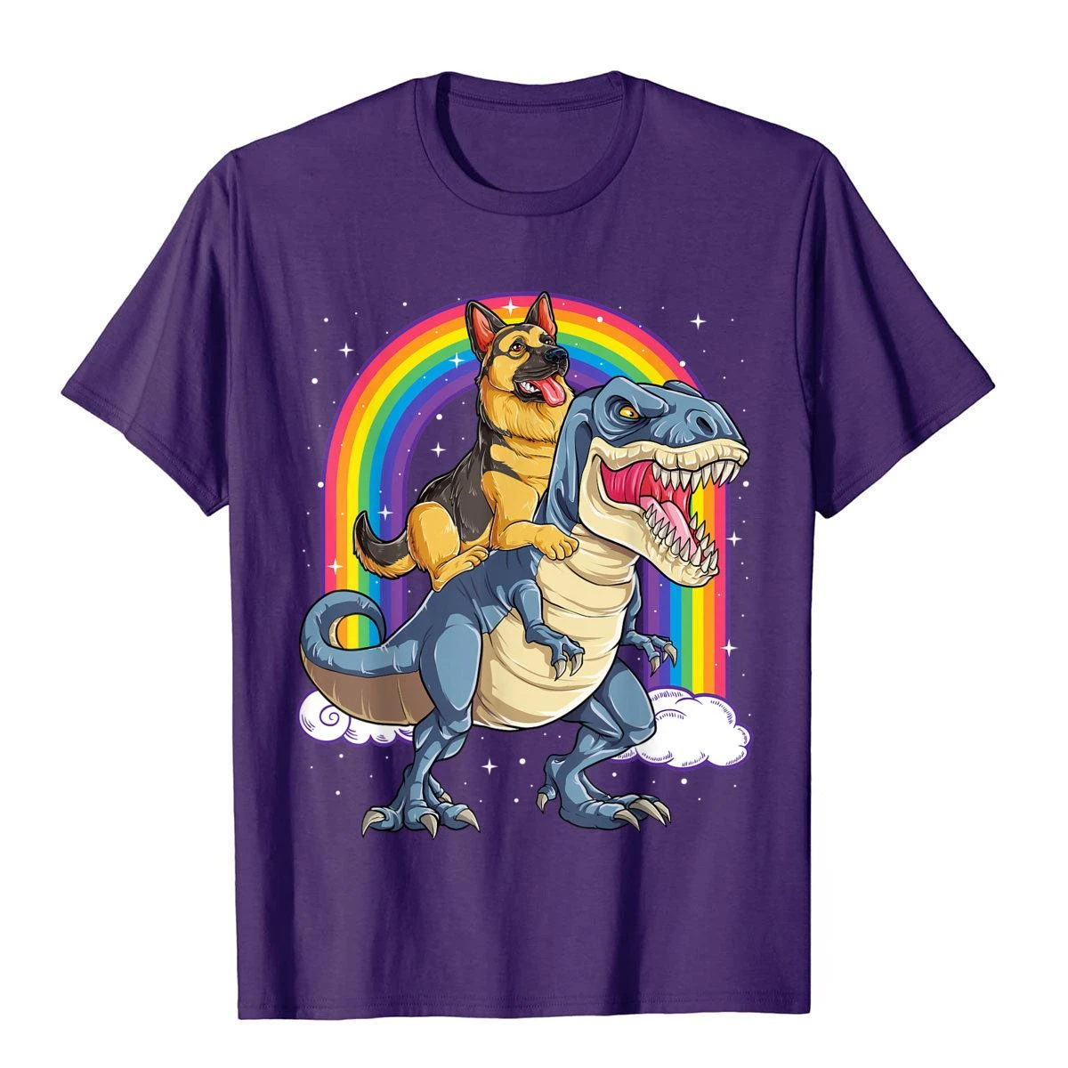 Rainbow T-Shirt Cotton Design Tops T Shirt Faddish Mens T Shirts German Shepherd Riding Dinosaur T Rex Tshirt for Men