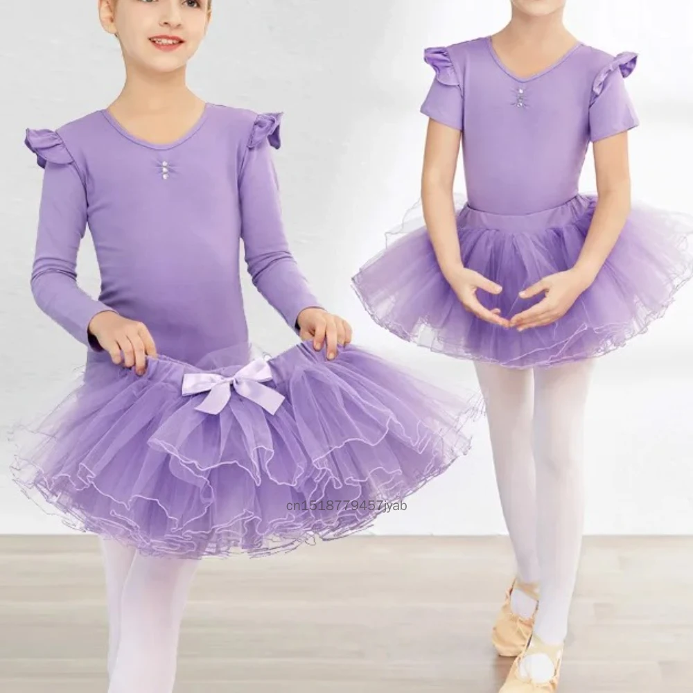 ชุดเต้นบัลเลต์เด็กผู้หญิง แขนสั้น/แขนยาว ชุดยิมนาสติกพร้อมกระโปรงผ้าทูล สำหรับฝึกซ้อมและการแสดงบนเวที