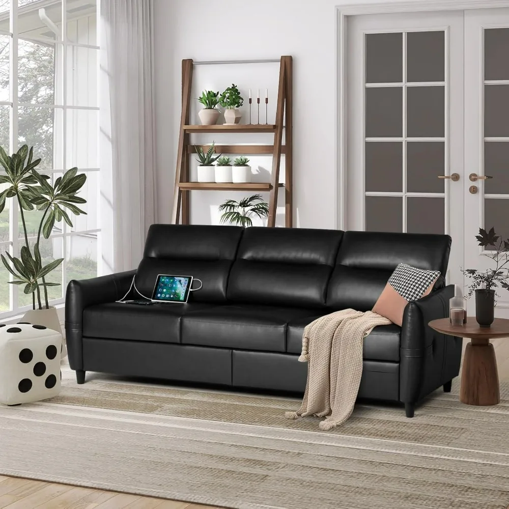 Faux Leather Sofa Black Leather Couch with USB, Mid Century Modern 3 Seater Couches Sofas Living Room,Large Office Sofa Couch