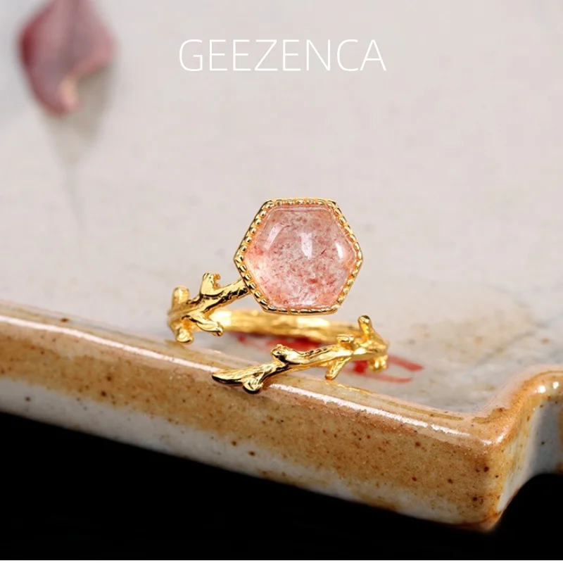 GEEZENCA S925 Silver Gold Plated Strawberry Quartz Women's Ring Hexagon Geometric Resizable Rings Fine Jewelry 2021 New Gift