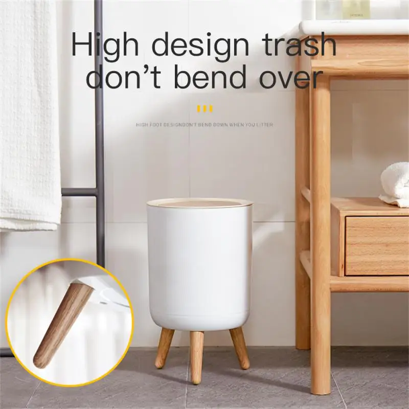 Wood Grain Trash Can Round Trash Bin For Kitchen Bathroom Bedroom Nordic Style Creative Household Accessories Garbage Can Press