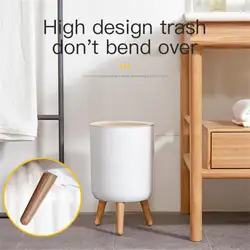 Wood Grain Trash Can Round Trash Bin For Kitchen Bathroom Bedroom Nordic Style Creative Household Accessories Garbage Can Press