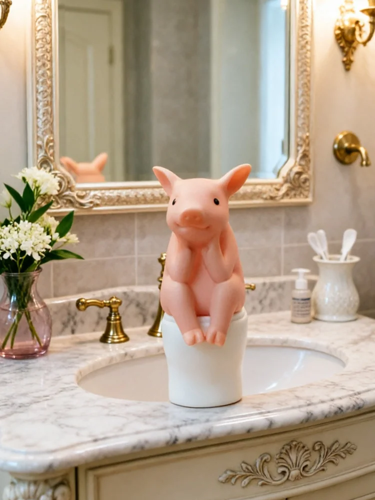 Cute Pig on Toilet Desktop Ornament New PVC Cartoon Animal Figure Mini Desk Decoration Office Home Decor Gift for Kids Girls