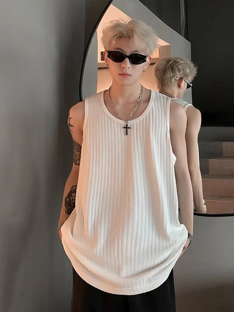 Texture thread vest men's summer trend loose fit sports fitness sleeveless shoulder T-shirt inner lining base layer Tanks Tees