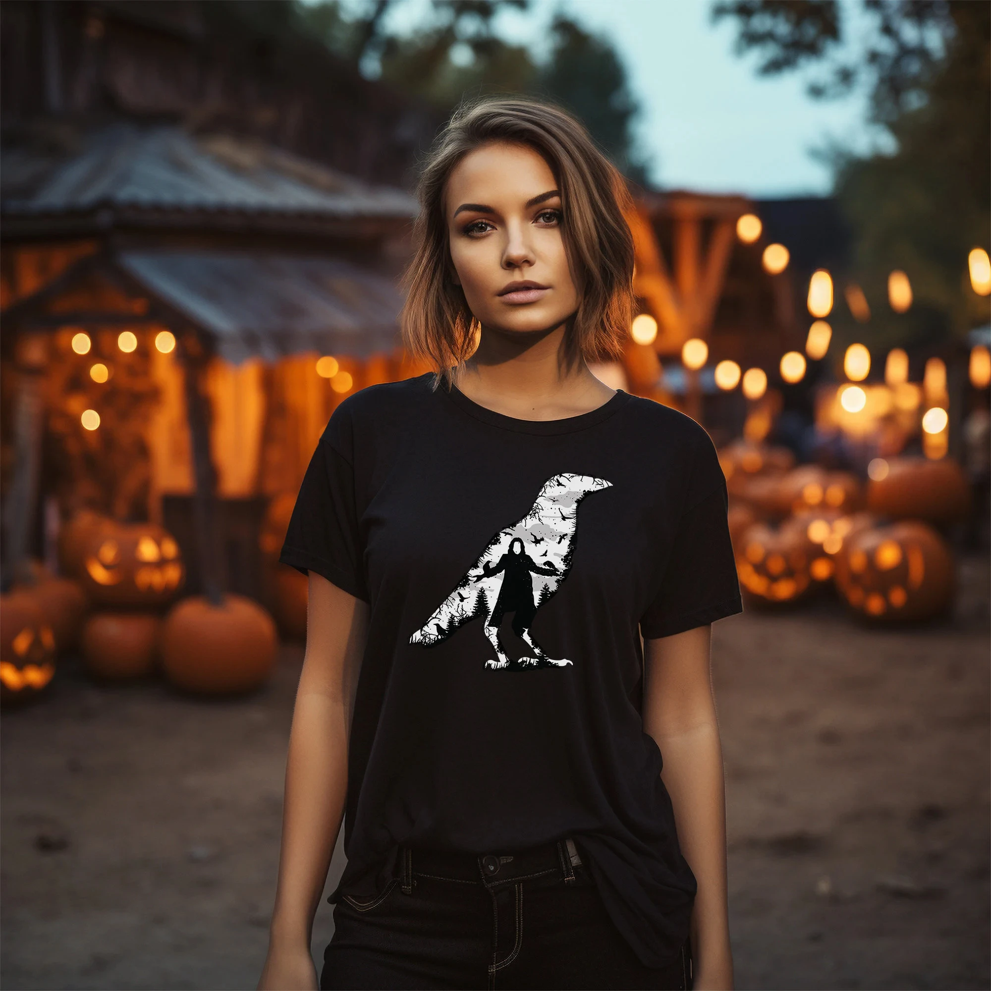 Film d'horreur Crow Silhouette T-Shirt Chemise noire Chemise d'Halloween unisexe / Robe fantaisie pour hommes et femmes T-shirt d'Halloween