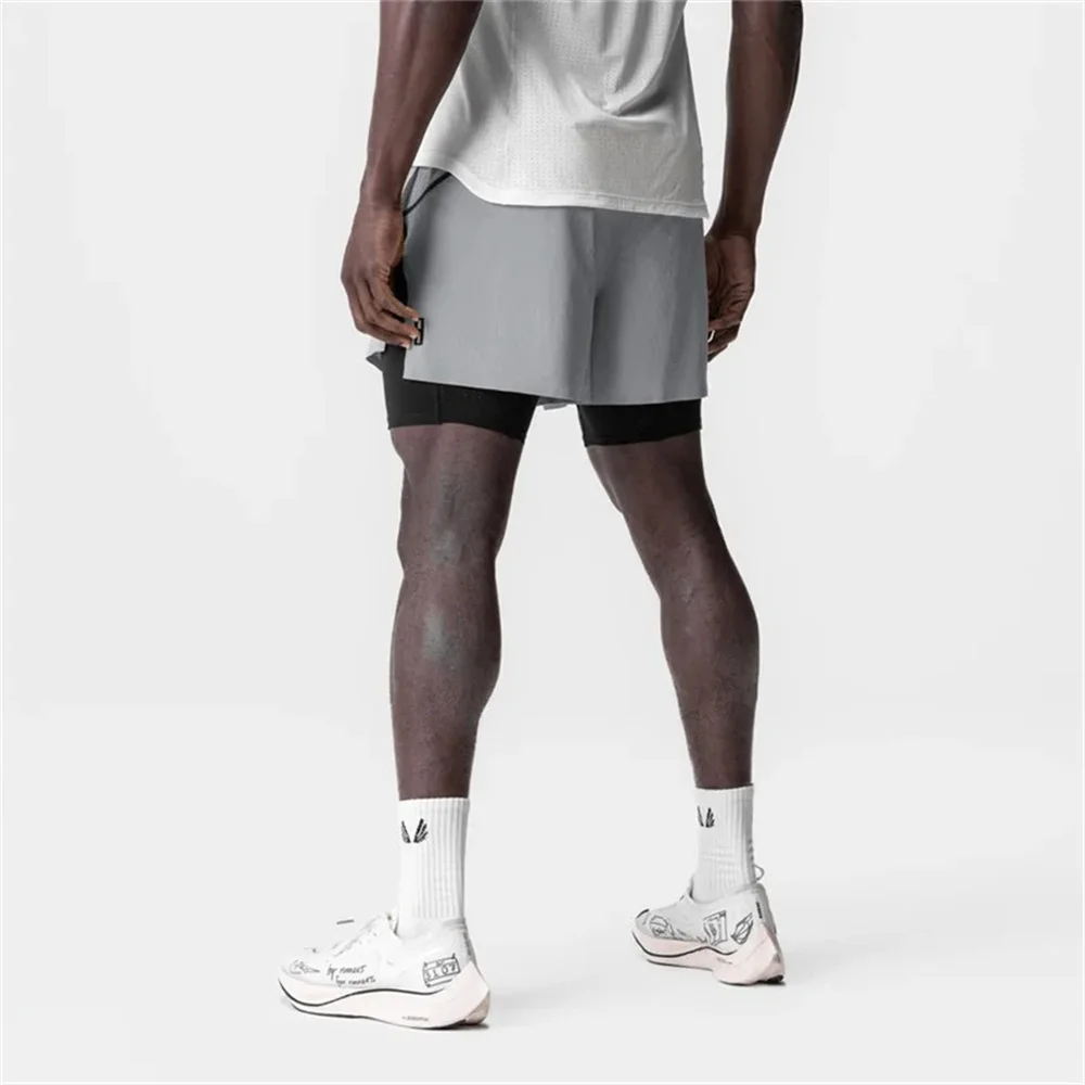 Mens Summer Quick Dry Breathable Sports Double-layer 2 in 1 Compression Shorts Man Running Gym Fitness Casual Jogger Short Pants