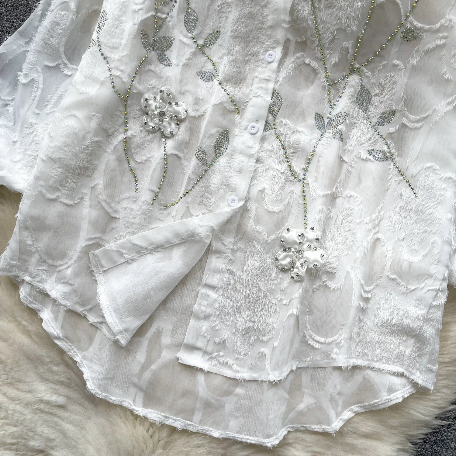 Vintage Turn-down Collar Embroidered Chic Rhinestone Three-dimensional Floral Top Women Streetwear High Street Autumn Blouse