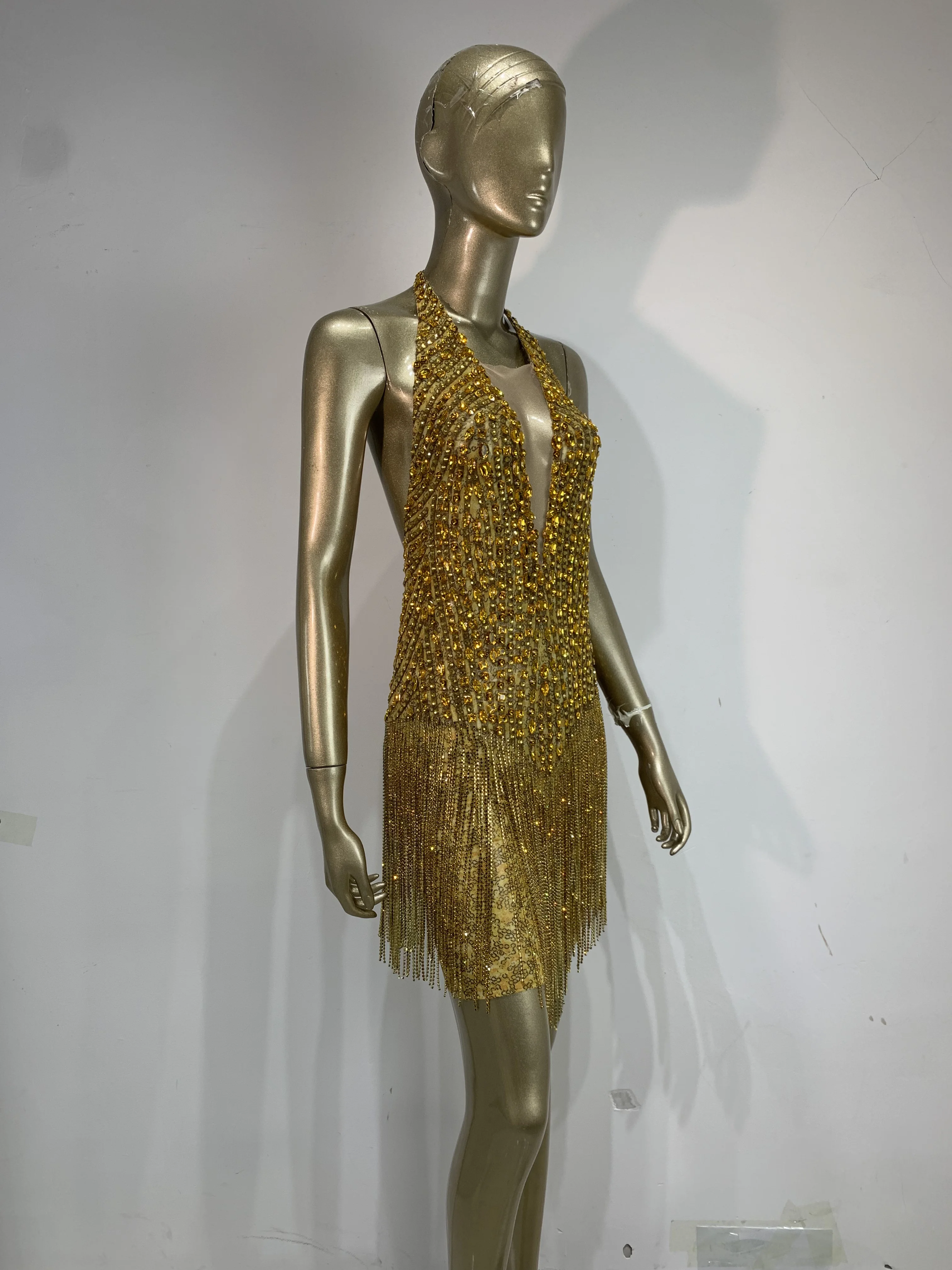 Women Sparkly Gold Rhinestones Chain Tassel Bodysuit Sexy See Through Dancer Singer Stage Outfit Evening Party Birthday Dress