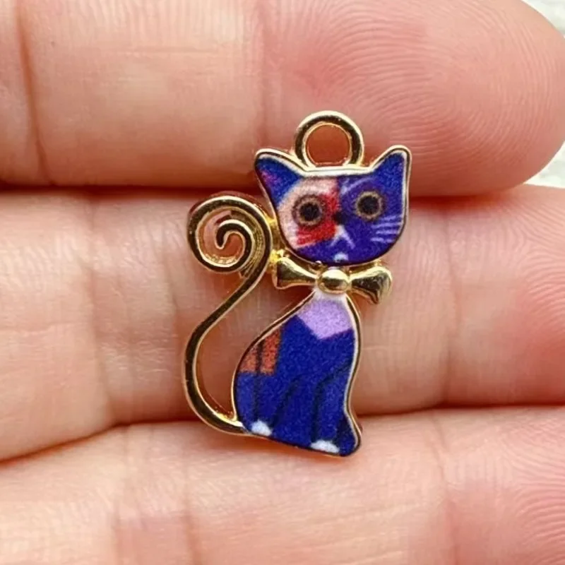 10Pcs Alloy Printed Cute Cat Charms for DIY