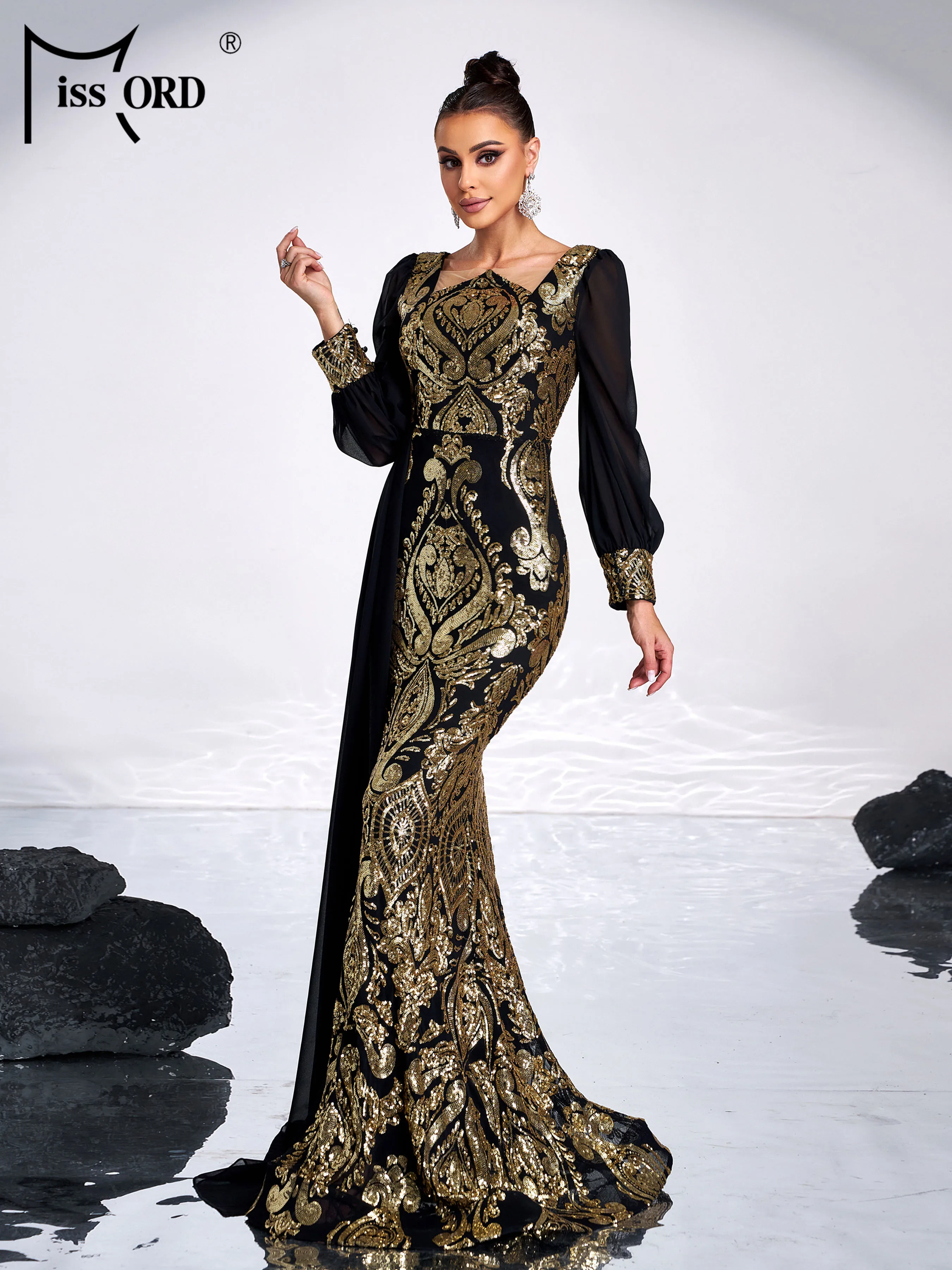 Missord Lantern Sleeves Geometric Draped Mesh Sequin Mermaid Evening Formal Occasion High Quality Luxury Elegant Beautiful Dress