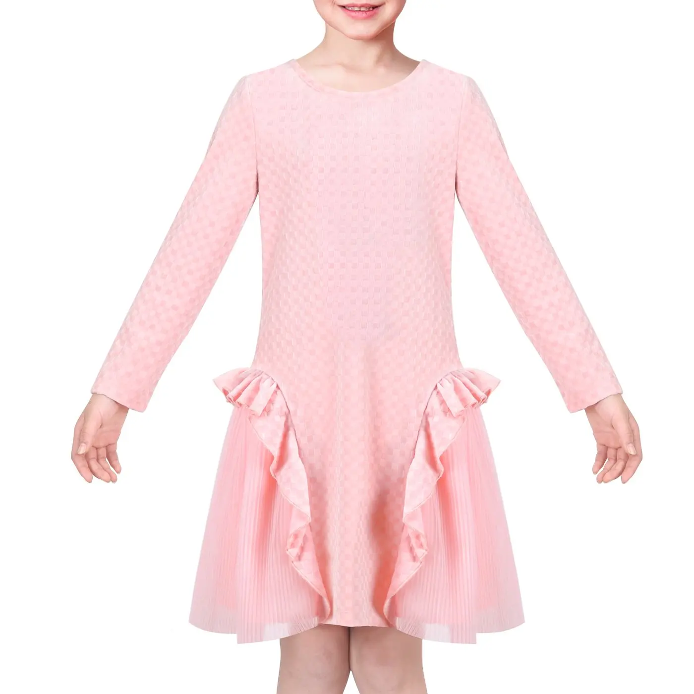 Girls Dress Pink Knit Plaid Ruffle Casual Warm Sweater Long Sleeve