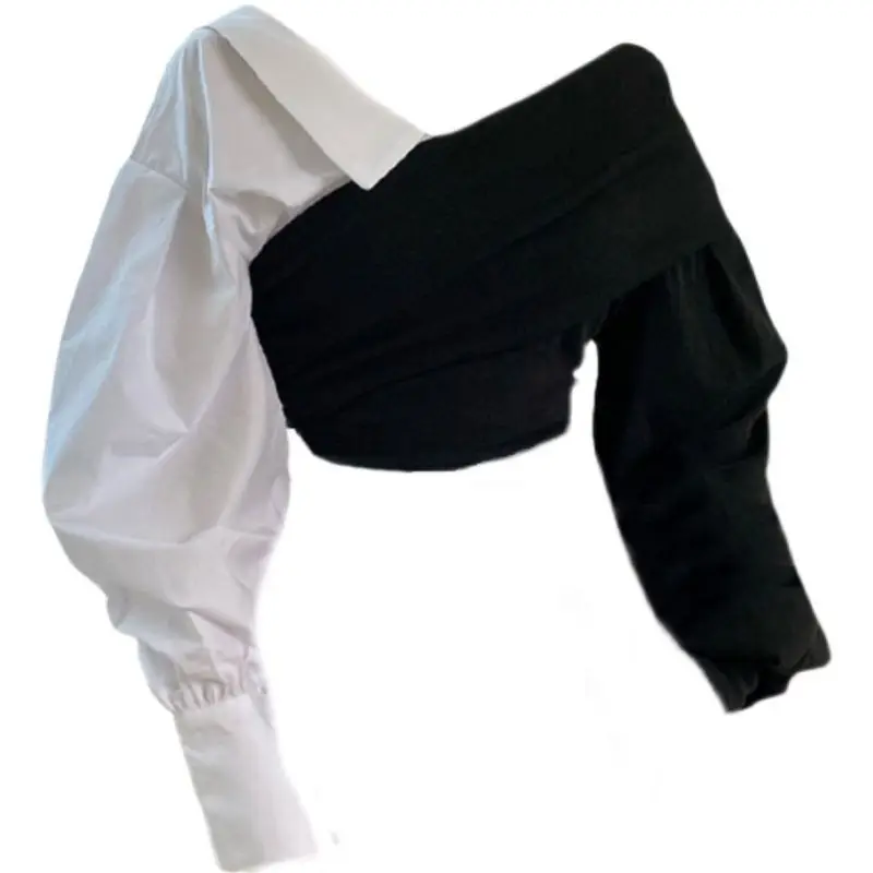 One-length Collar Shirt for Women Design Sense Splicing Shirt Retro Off-shoulder Long-sleeved Top