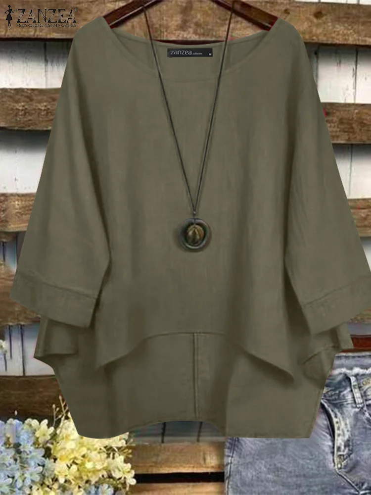 

ZANZEA Casual 2025 Summer Blusas Mujer Woman Cotton Asymmetrical Hem High-Low Blouses 3/4 Sleeve Loose O-Neck Everyday Tops